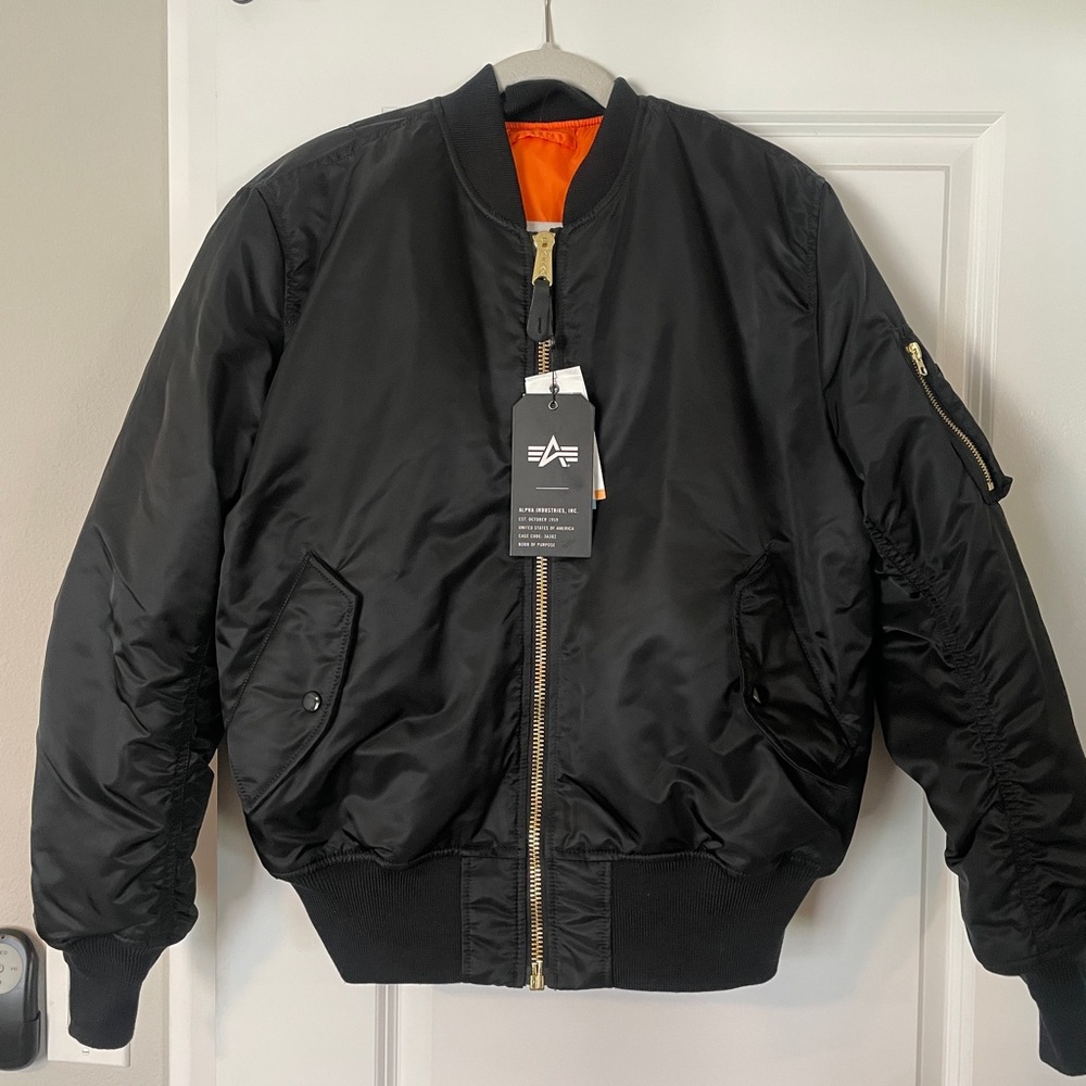 Alpha Industries bomber jacket - black with orange and gold detail (unisex)